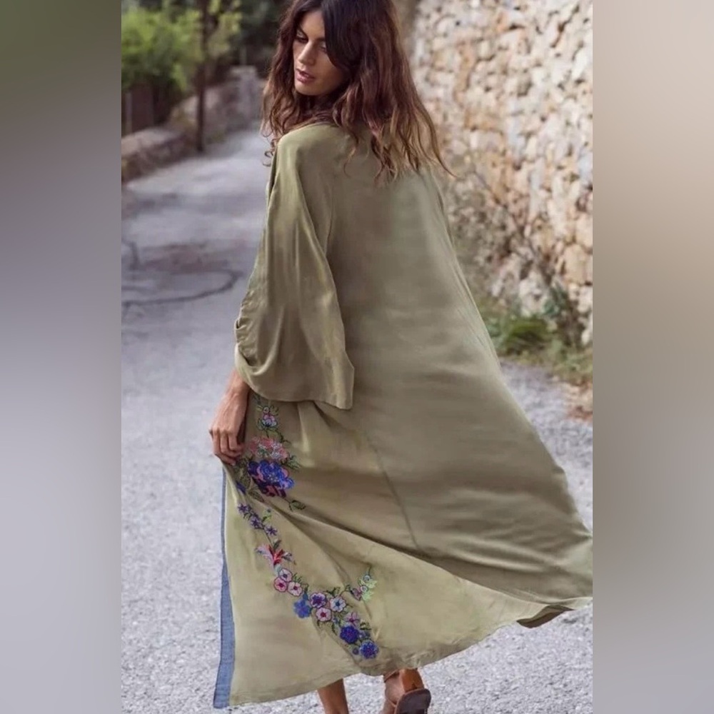 Khaki Floral Embroidered Long Kimono Duster Robe Festival Boho Lagenlook OS - Picture 3 of 9